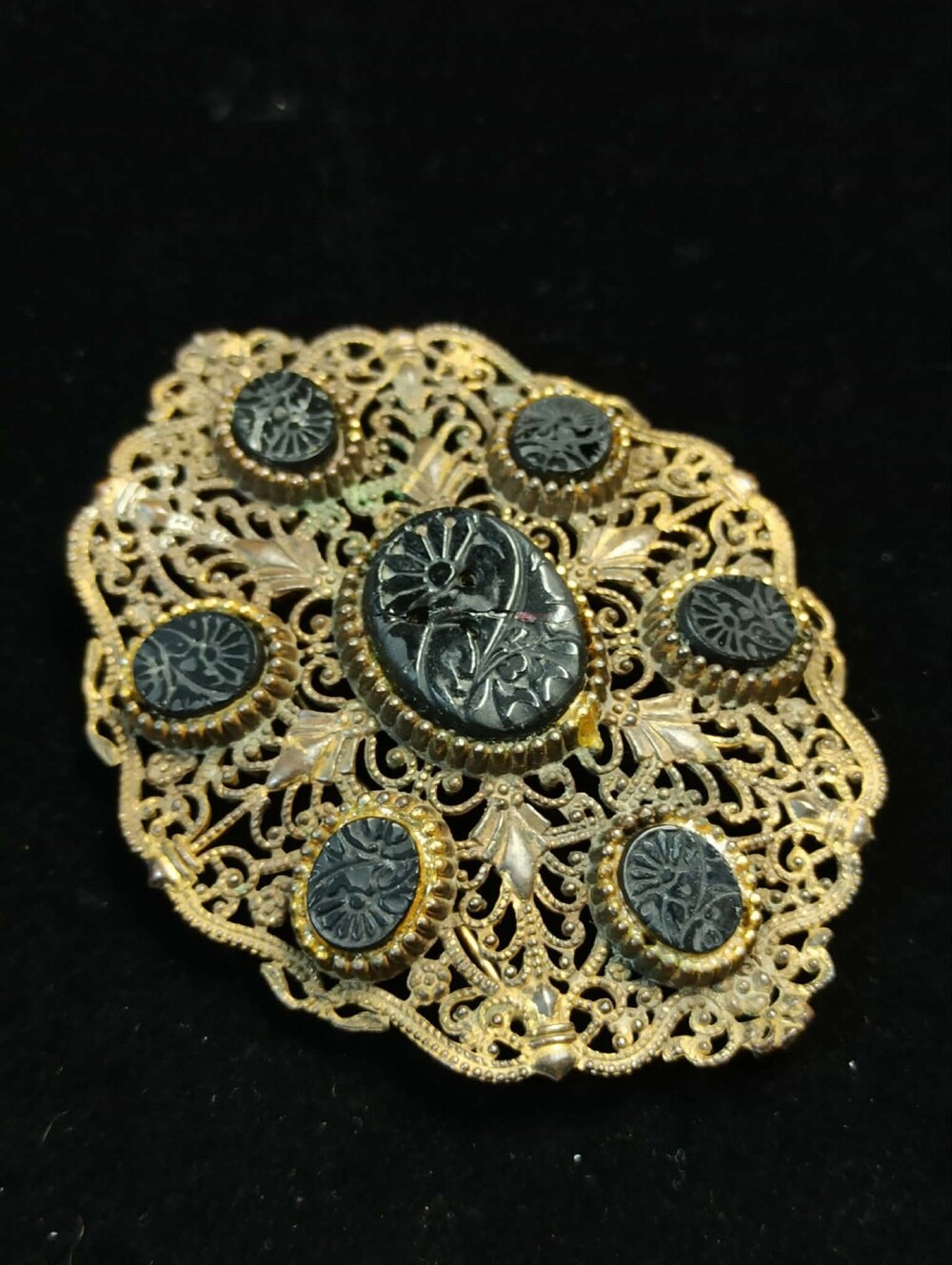 Vintage 1960s Filigree Black Onyx Cabochon Brooch Pendant Victorian Revival - Picture 9 of 12